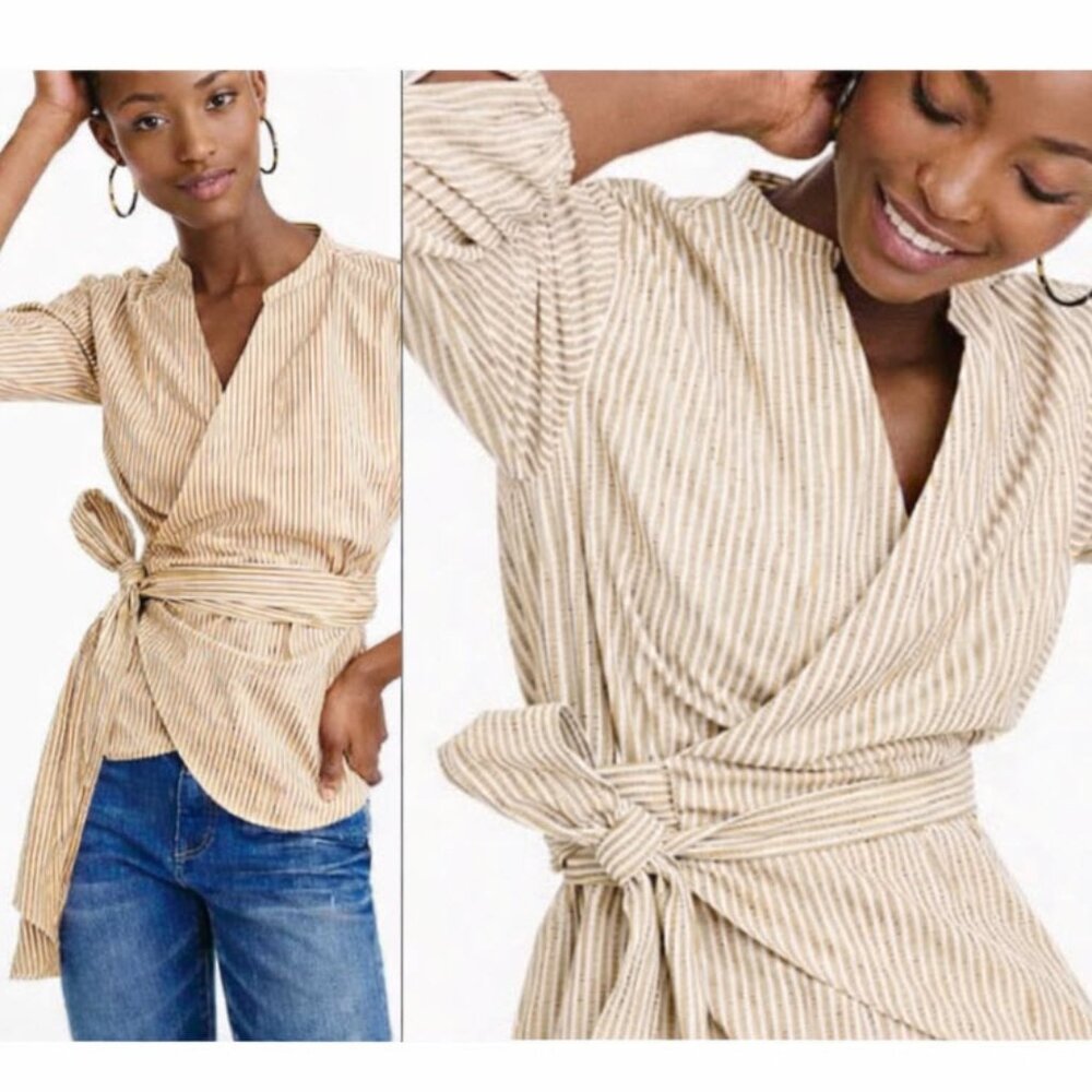 J.Crew Beige White Stripe Wrap Top Stretch Cotton Size Medium